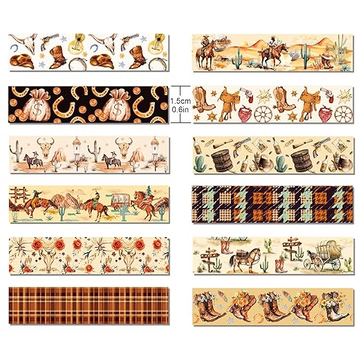 12 Rolls Western Washi Tape Masking Decorative Cowboy and Cowgirl Washi Tape for DIY Craft Gift Wrapping Handbook Sticker Scrapbook Journaling Party Favor