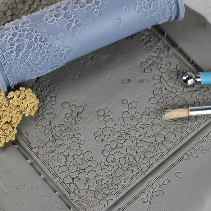 Cherry Blossom Clay Texture Roller (4") - Flower Set #01 - Embossing Pattern Roller for Polymer & Ceramic Clay, Pottery & Crafts