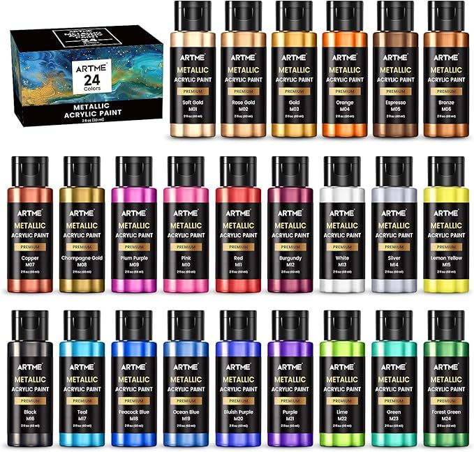 ARTME Metallic Acrylic Paint Set, 24 Metallic Colors in 2 oz/60ml Bottles, Metallic Shining Acrylic Paint, Rich Pigments Paint Perfect for Artists, Beginners on Canvas, Rocks, Wood, Fabric, Ceramic