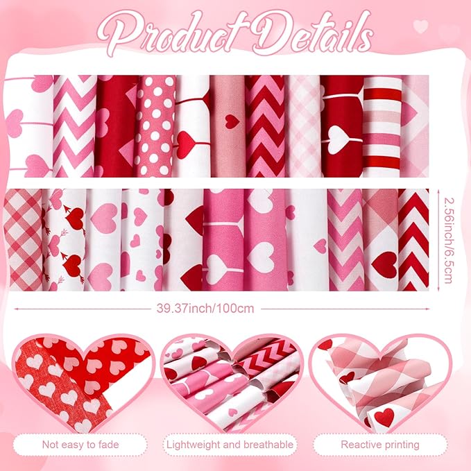 60 Pcs Christmas Quilting Fabric Roll 2.6 x 40 Cotton Fabric Strips Precut Jelly Patchwork for Craft Sewing(Valentines)