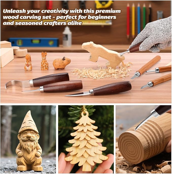 Wood Craving Kit,23Pcs Wood Craving Tools Include 4PCS Carving Knives,5PCS Detail Knives, 9PCS Blocks, Cut-Proof Gloves,Packaging, Beginner’s Guide,Whittling Kit for Kids and Adults Beginners.