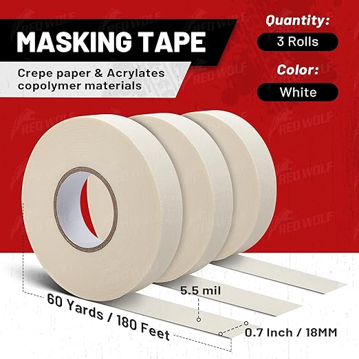 RED WOLF 3 Pack Masking Tape 0.7" x 60 Yards, General Purpose for Painting Arts Crafts Label Car Painting, Sharp Paint Line No Residue Painters Tape White Beige Crepe Paper Tape Heat Resistance