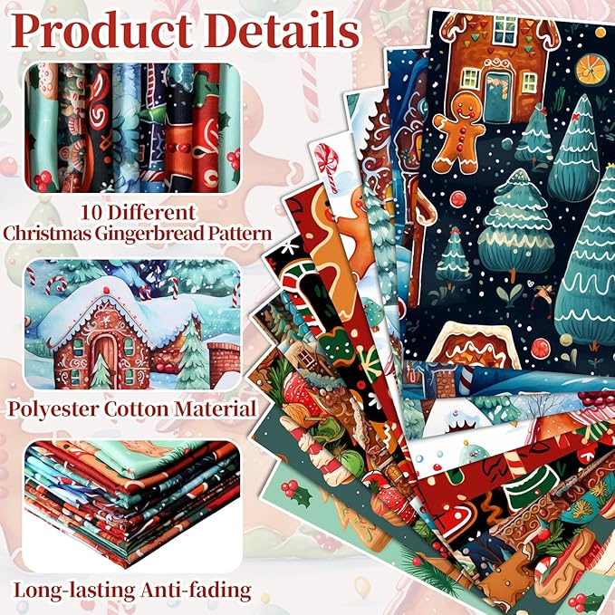 Hahafelt 10 Pcs Christmas Gingerbread Man Fabric Bundles 20 x 20 Inch Square Gingerbread Quilting Fat Fabric by The Yard Precuts Printed Patchwork Supplies for Xmas Winter Craft Sewing DIY Decor