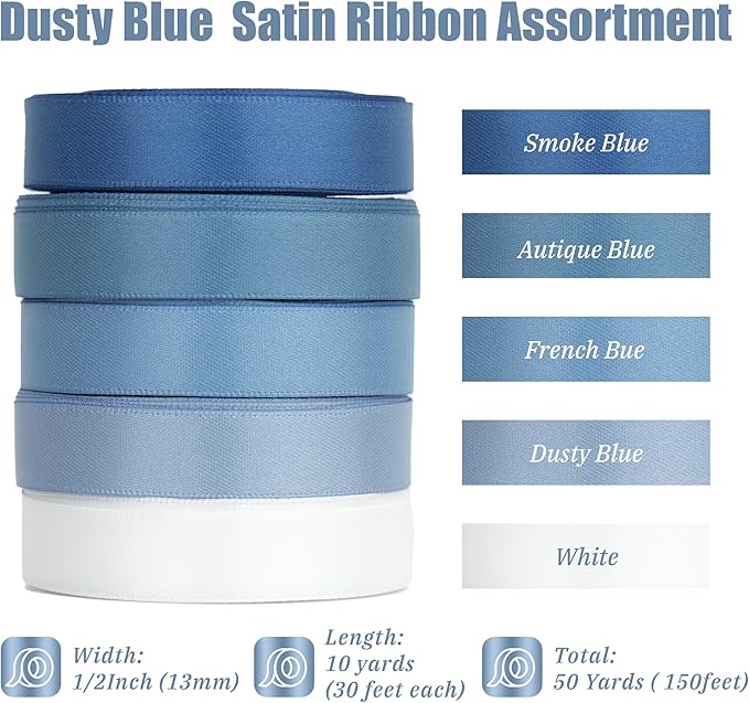 Dusty Blue Satin Ribbon 1/2 Inch Thin French Blue Ribbon for Gift Wrapping DIY Crafts Wedding Decor - 5 Rolls Assortment, 50Yards