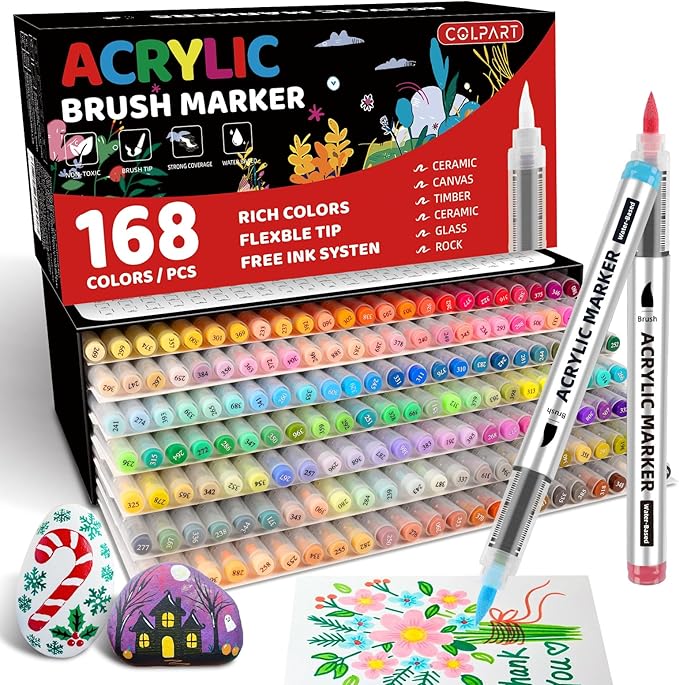 168 Color Acrylic Paint Markers，Brush Tip Acrylic Paint Pens for Rock Painting,Ceramic,Wood, Canvas,Glass,Stone,Fabric,Card Making,DIY & Art Supplies