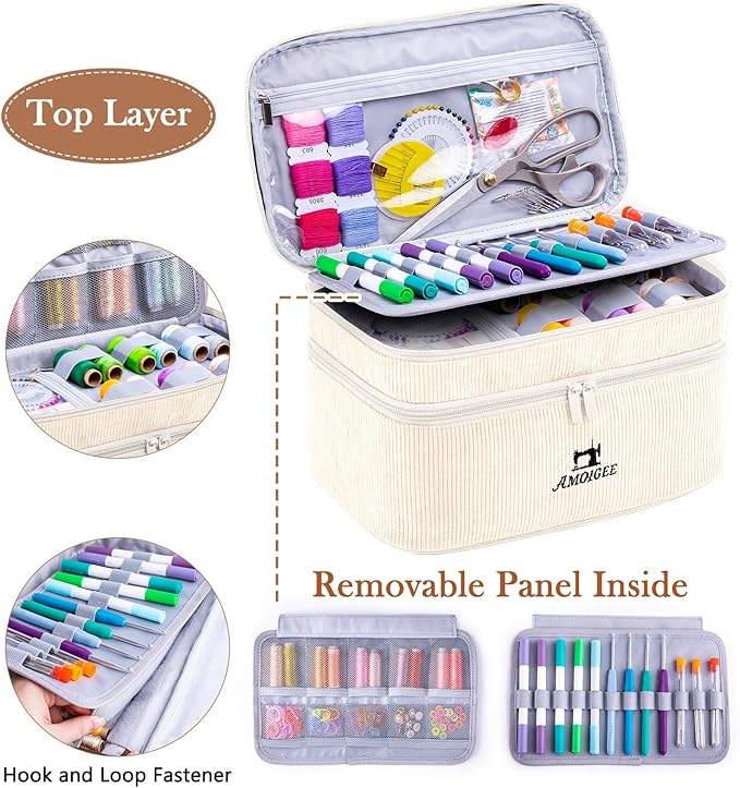 AMOIGEE Double-Layer Sewing Accessories Organizer with Pin Cushion – Large Sewing Storage Bag for Thread, Notions & Tools – Portable Travel Sewing Tote for Quilting, Embroidery & Crafts Gift (BagOnly)