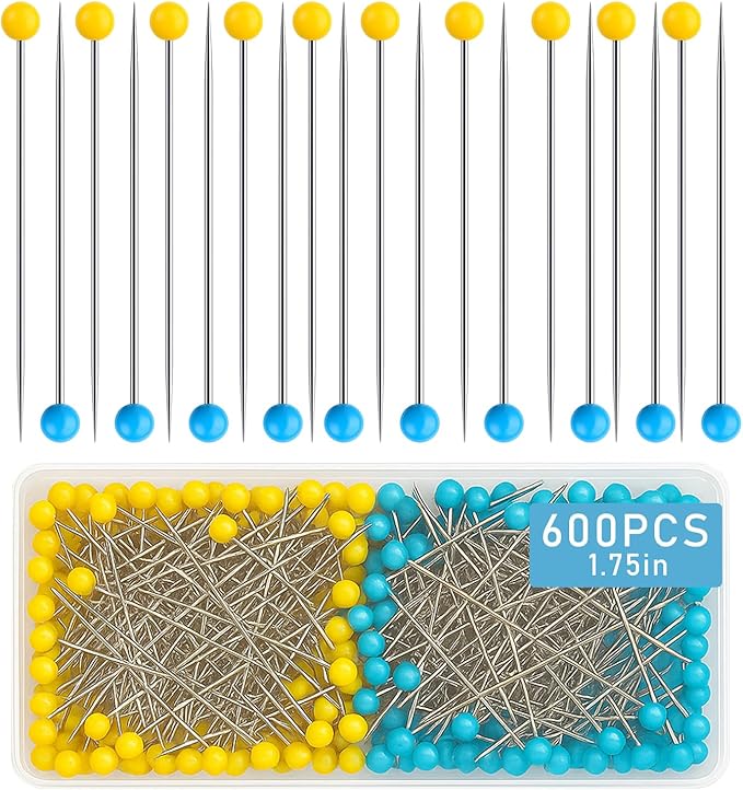600 PCS Straight Pins,1.75IN Quilting Pins Long,Yellow and Blue Glass Head Sewing Pins for Fabric,Stainless Steel Dressmaker for Sewing, Crafts, Jewelry Making, DIY