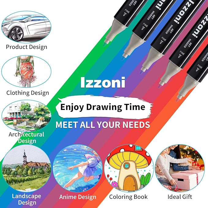 24 Colors Alcohol Markers Set, Dual Tip (Fine & Chisel) Coloring Markers, Permanent Art Drawing Marker for Kids Sketching Adult Coloring with Case and Holders (24 Colors - Black)