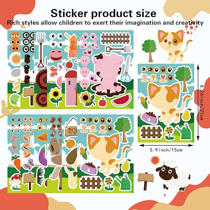 36 PCS Farm Animal Stickers Sheets, Make-a-face Sticker, Make Your Own Stickers for Kids Farm Themed Party Favors Supplies Craft Birthday Gift for Girls Boys