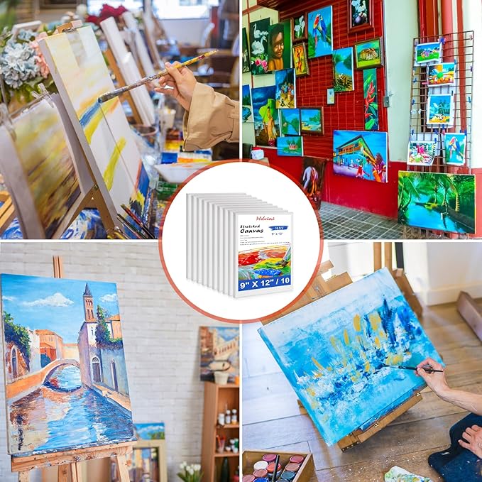 Stretched Canvas - 5x7, 8x10, 9x12, 11x14 (3 of Each) Total 12 Canvas Pack - 100% Cotton Blank Canvases for Oils Acrylics and Pouring