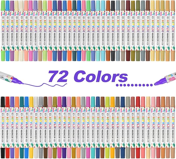 72 Colors Acrylic Paint Pens, Dual Tip Acrylic Paint Markers for Paper, Wood, Canvas, Stone, Rock Painting, Glass, Fabric, DIY, Ceramic, Art Supplies for Adults Drawing (Dot + Fine)