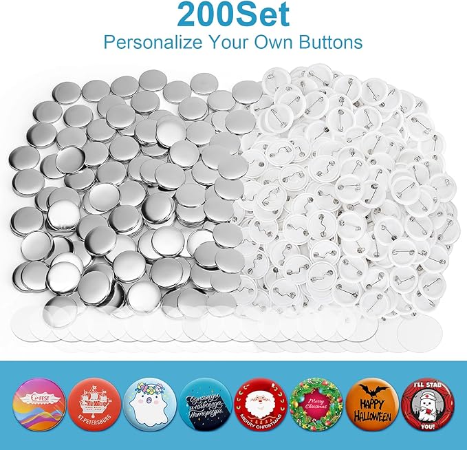200 Sets 1.25 Inch Button Maker Supplies, 32mm Round Badge Parts with Metal Covers, Plastic Pin Backs, Clear Film & Blank Paper, Perfect for Button Maker Machine & Badge Press