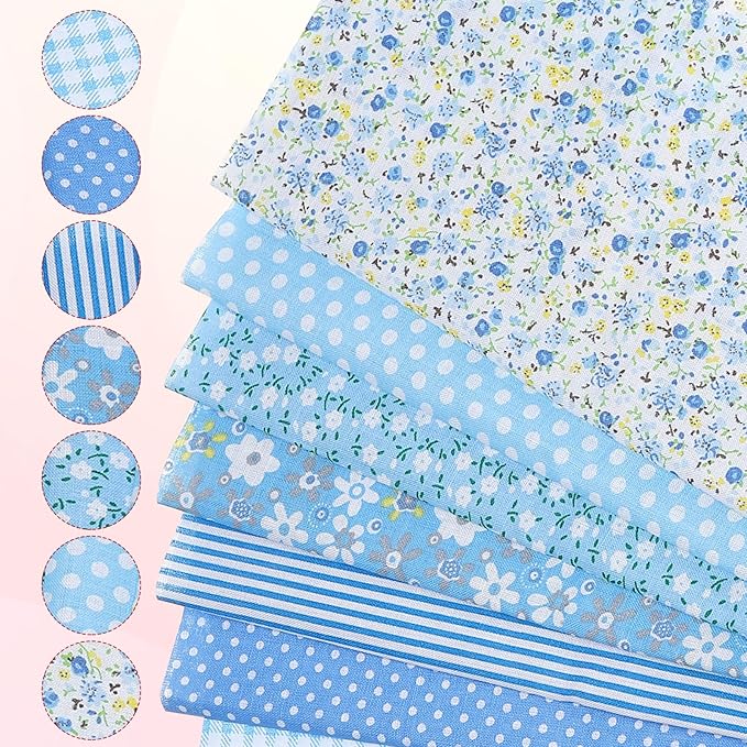 PATIKIL Cotton Fabric Bundles, 7 Pcs 20 x 20 Inch Pure Cotton Fat Quarter Floral Printed Precut Fabric Squares for Sewing Patchwork Quilting DIY Crafts, Blue