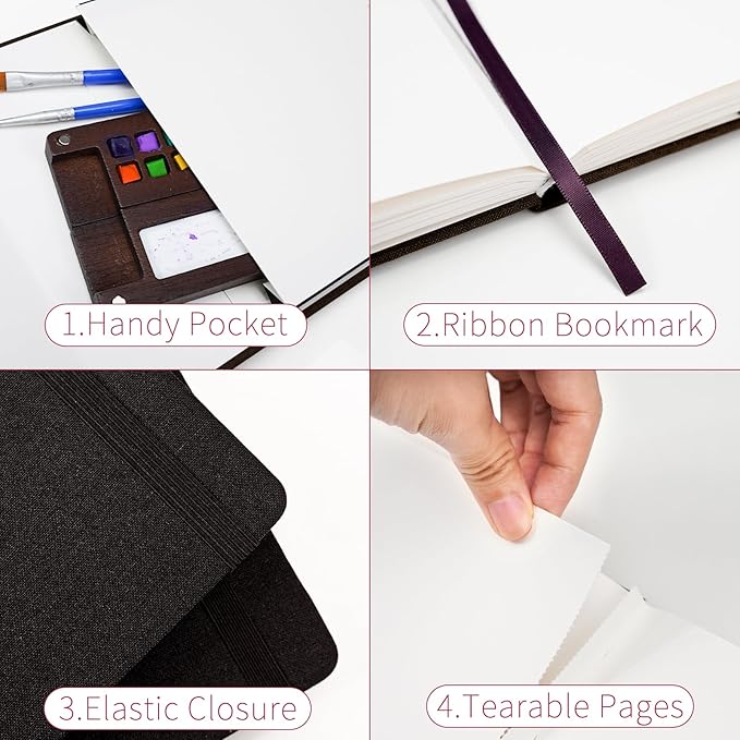 Vienrose Watercolor Sketchbook, 5.5"x8.2" Watercolor Journal with 24 Sheets 140 LB (300 GSM) Cotton Watercolor Paper, Black Linen Cover Watercolcr Sketch Book As Travel Notebook Mixed Media Pad