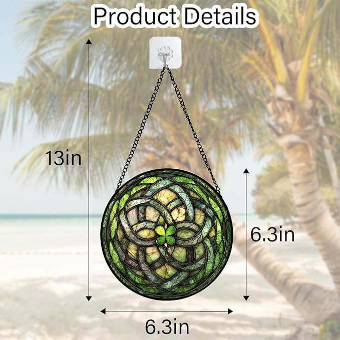 Stained Glass Window Hanging, Abstract Green Clover Sun Catchers Colorful Glass Panel Bless Suncatcher Decor for Birthday for Women, Men, Wife, Aunt, and Mom 6.3 in