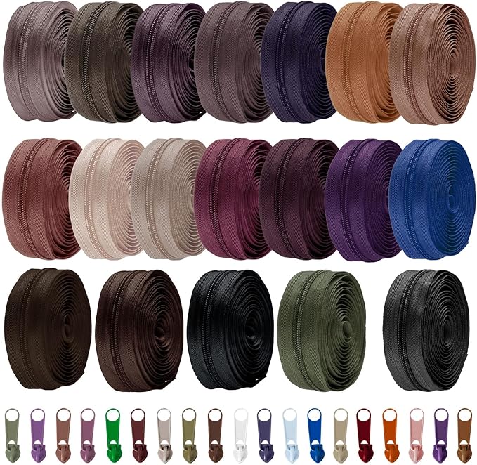 WILLBOND 100 Yards 20 Pcs Sewing Zippers Bulk #5 Nylon Coil Zippers 20 Color Assorted Zipper for Sewing with 200 Zipper Sliders for DIY Tailor Bags Purses Crafts Supplies(Retro Color)
