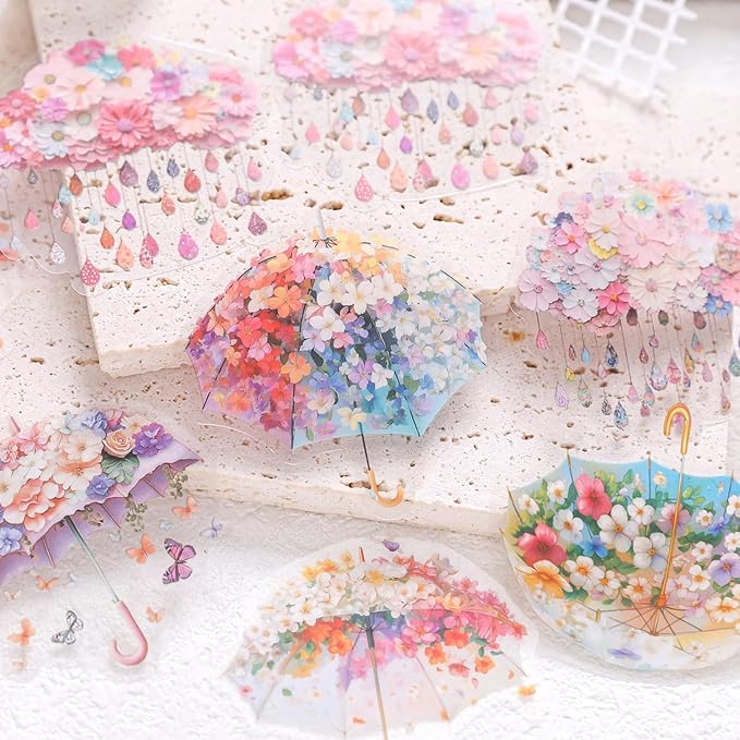 120 Pieces Vintage Fantasy Floral Umbrella PET Stickers, Aesthetic Decorative Flower Umbrella Scrapbook Stickers for DIY Diary Junk Journal Handbook Album Decoration Journaling Scrapbooking Supplies