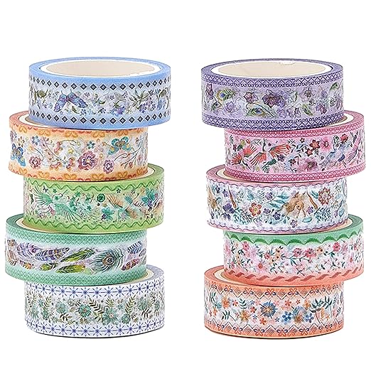 YUBBAEX 10 Rolls Embroidery Pattern Washi Tape Set - Decorative Adhesive Masking Tape for Scrapbooking, Journaling, DIY Crafts, Gift Wrapping – Vintage Floral and Nature Designs