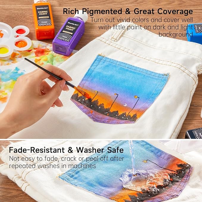 Shuttle Art Fabric Paint 24 Colors Permanent Soft Fabric Paint in Bottles (60ml/2oz) with Brushes &Stencils, Non-Toxic Textile Paint for T-Shirts, Shoes, Jeans, Bags, DIY Projects & Crafts