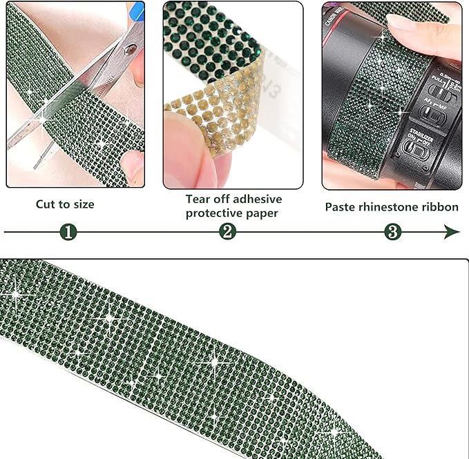 4 Rolls Self Adhesive Crystal Rhinestone Ribbon Diamond Bling Tape with 2 mm Sticker Strips for Arts Crafts Wedding Birthday Party DIY Car Phone Decoration (Dark Green)