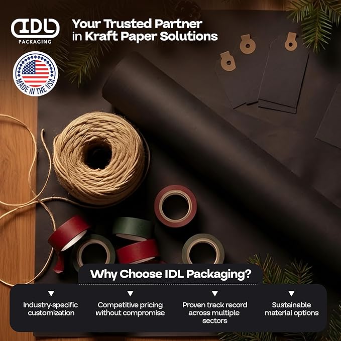 USA-Made Black Kraft Paper Roll 18" x 3000" (250 feet), 30 lb Thickness, Pack of 4 - for Art, DIY, Packing, Wrapping, Crafts, Moving, Shipping - 100% Recyclable Natural Kraft Paper by IDL Packaging