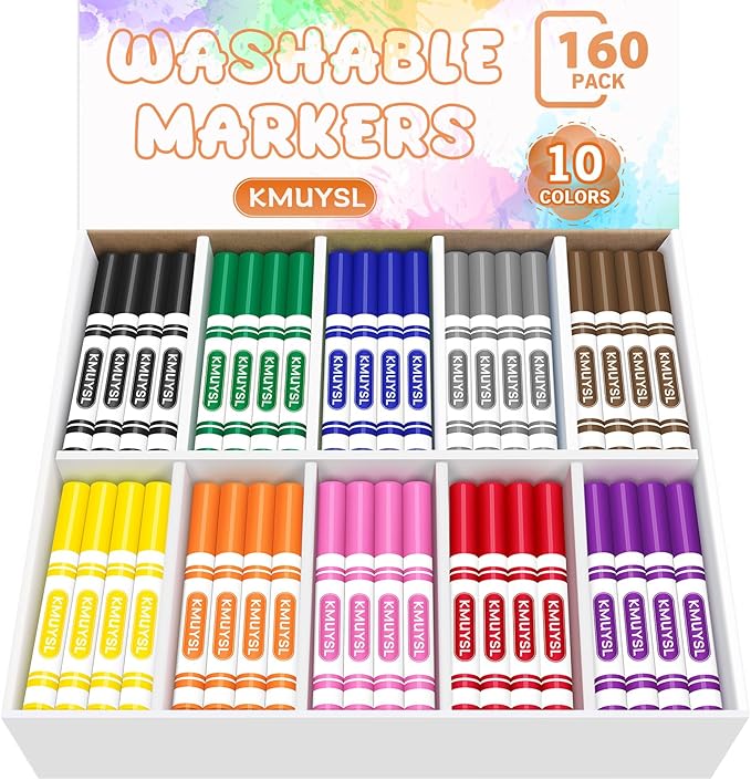 KMUYSL 160 Count Washable Markers Bulk, 10 Assorted Colors - Broad Line Conical Tip Coloring Markers, School Art Supplies & Back to School Essentials, Teacher Classroom Must Haves