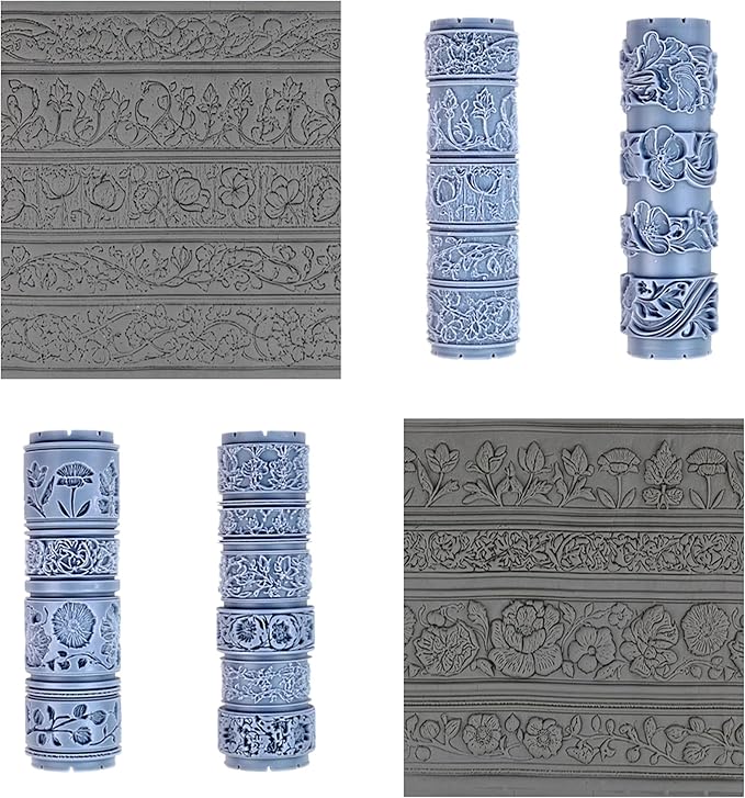 Garden Reverie Collection 4-Pack Clay Texture Rollers (4") - Seamless Border Set #01 - Embossing Pattern Rollers for Polymer & Ceramic Clay, Pottery & Crafts
