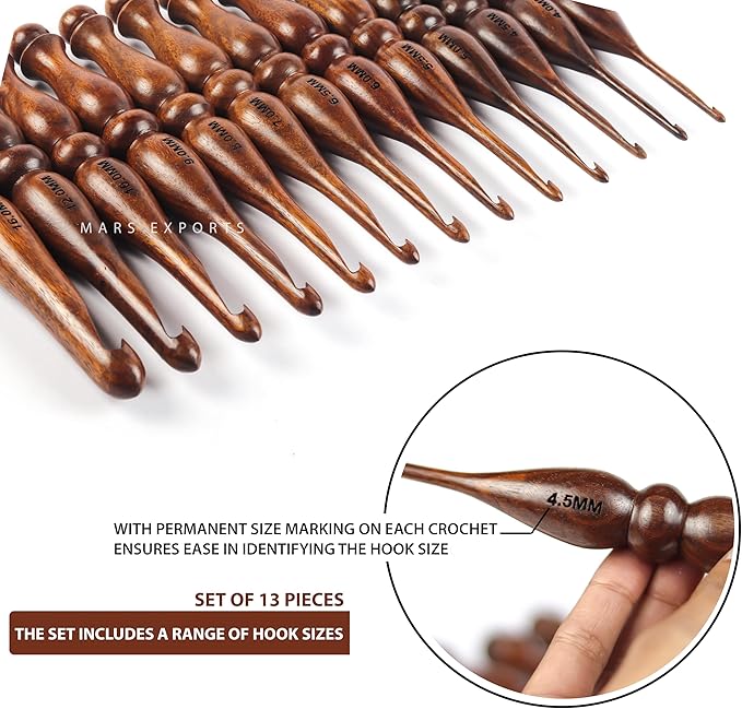 13 Pieces Premium Wooden Crochet Hooks, Crochets Hooks Set for Knitting and Crocheting - Rosewood Knitting Needles (4)