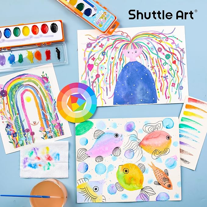 Shuttle Art 24 Pack Watercolor Paint Set, 8 Colors with Paint Brushes & Color Wheels, Washable for Kids & Adults, Suitable for Classroom, Parties, Kindergarten & Art Activities