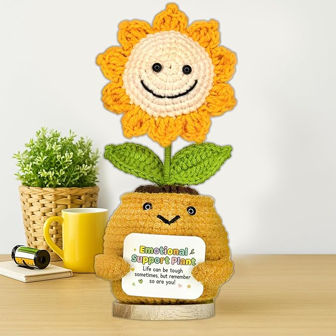 TUHNG & HYOO Emotional Support Crochet Positive Sunflower Plant Appreciation Messages Gifts, Positive Emotional Handmade Crochet Plant Decor Stuff Gifts for Women Men Friends