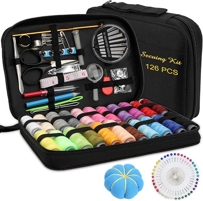 Sewing KIT, DIY Sewing Supplies with Sewing Accessories, Portable Mini Sewing Kit for Beginner, Traveller and Emergency Clothing Fixes, with Premium Black Carrying Case (B)