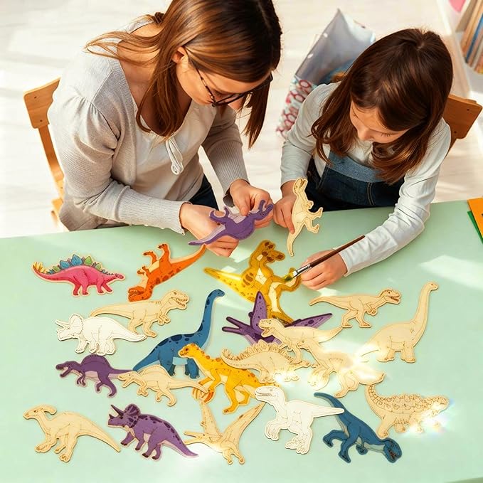 36 Pcs DIY Wooden Magnets, Unfinished Wood Dinosaur Animal Cutouts Ornaments for Crafts, Wooden DIY Paint Craft,Wood Discs Slices Dino Shapes Blank Hanging Embellishment for Kids Home Decor