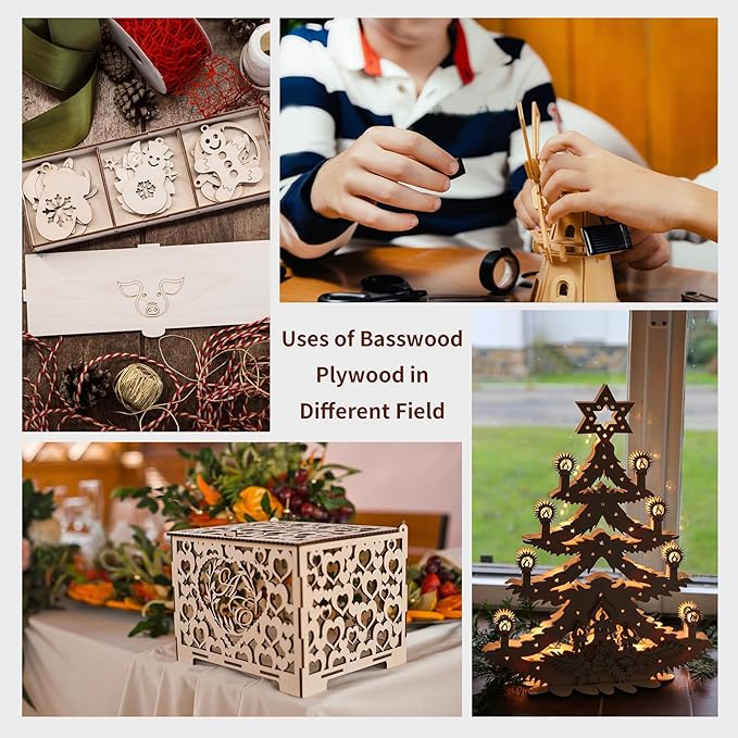 48 Pack Basswood Sheets,12 x 12 x 1/8 Inch,3mm Basswood Plywood Sheets with Smooth Surfaces, Unfinished Wood for Laser Cutting, Wood Burning,Drawing, Architectural Models and DIY Wood Crafts(48)