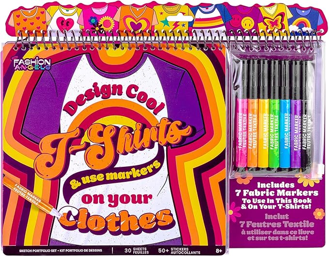 Fashion Angels T-Shirt Design Sketch Portfolio, Includes Stencils, Sketch Pages & Fabric Markers, DIY Fashion Design Kit for Kids & Teens