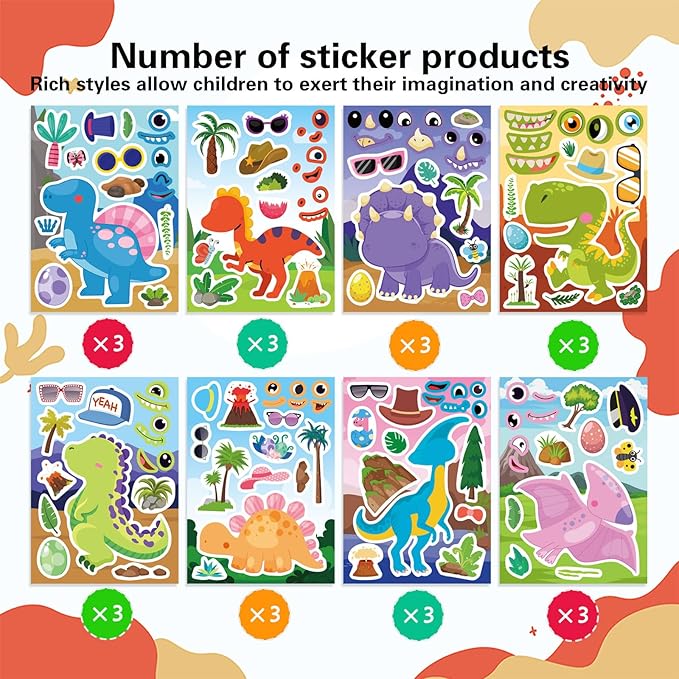 24 Sheets Dinosaur Stickers, Make Your Own Dino Stickers for Kids Boys Girls Toddlers, Make a Face Stickers Dinosaur Theme Birthday Party Favor Supplies, Teacher Reward Stickers