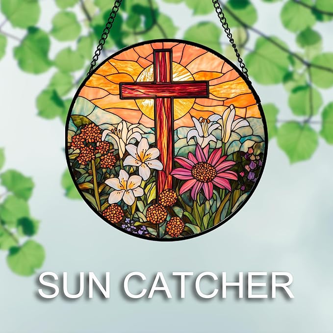 Christian Gifts for Women - Cross Stained Glass Window Hanging Easter Flower Sunset Landscape Sun Catcher Garden Religion Decor Mother's Day Catholic Gift for Men Grandma Mom Her Nana 11.8"