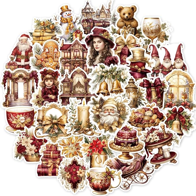 100 Pcs Vintage Christmas Stickers.Waterproof Santa Stickers for Scrapbook Junk Journal Collage DIY Crafts,Vinyl Winter Holiday Stickers for Water Bottles Laptops,Phone Case