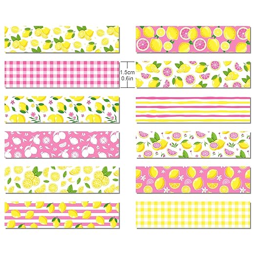 12Rolls Pink Lemon Patterns Washi Tape Set, Fruit Lemon Decorative Wahi Tape Sticker for DIY Arts Crafts, Jounal Book, Scrapbooking Card Making Supplies