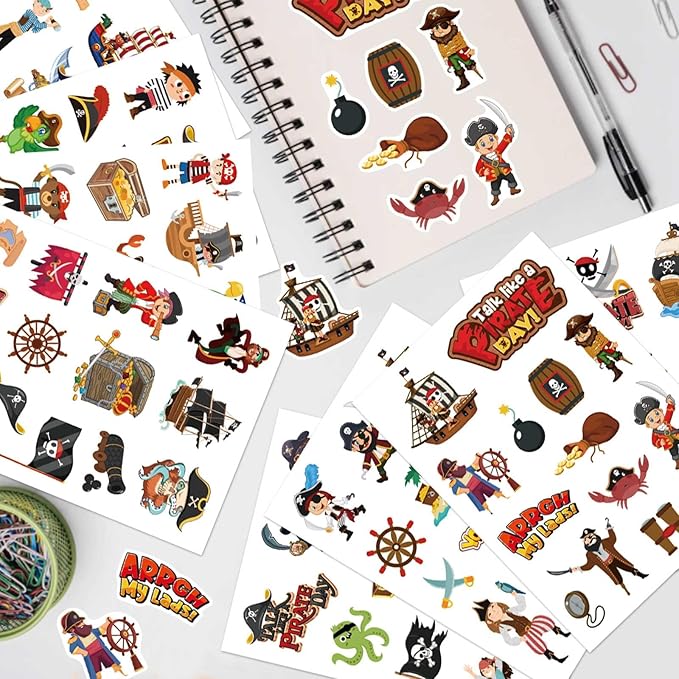 24 Sheets Pirate Stickers, Pirate Themed Stickers Variety Pack for Kids Scrapbooking, Pirate Party Favors Decorations, Pirate Stickers for Water Bottles Laptop Computer Phone
