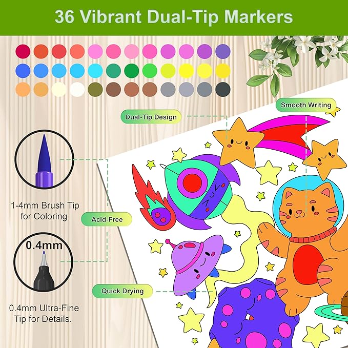 Halobios Cute Coloring Book Set, Adult Coloring Book Set with 36 Markers, 30 Relaxing and Easy Designs Art Supplies for Boys Girls Student, Creative & Relaxing Gifts for Women & Adults