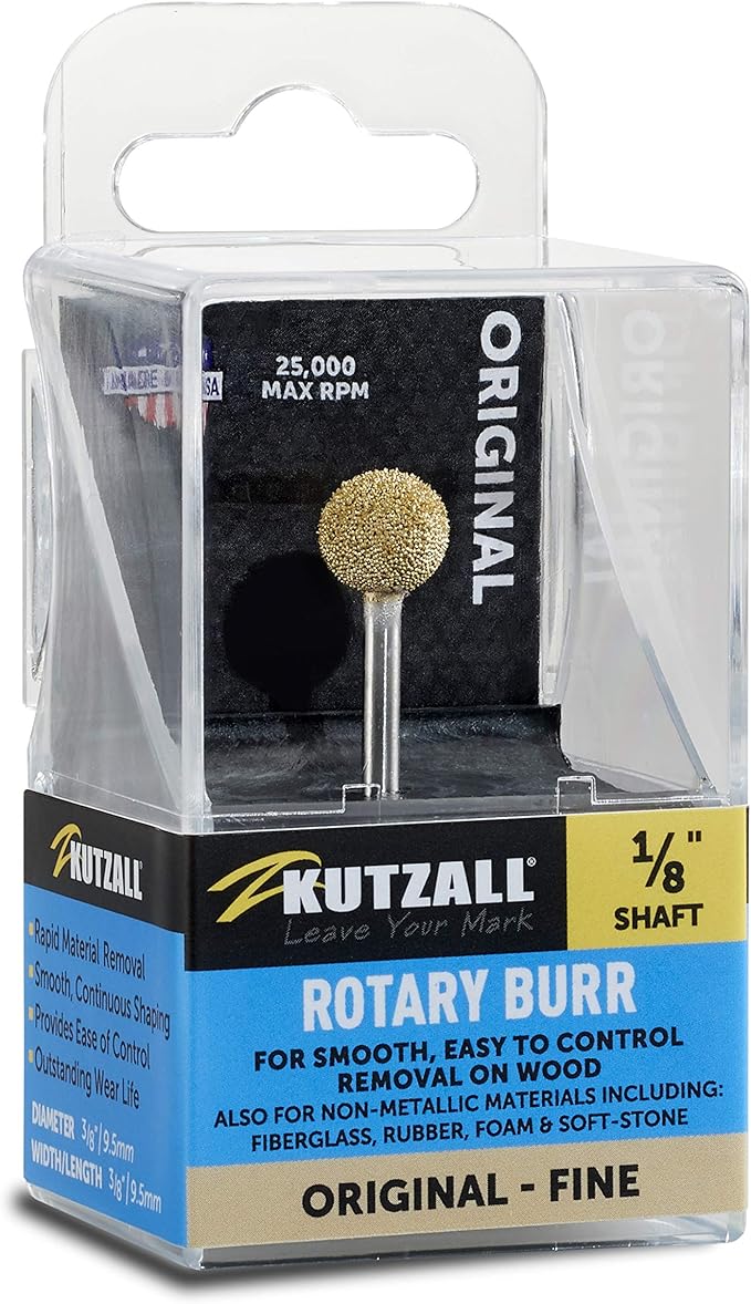 Kutzall Original Sphere Rotary Burr, 1⁄8" Shaft, Fine - Wood Carving Bit for Dremel, Foredom, DeWalt, Milwaukee Tools. Abrasive Tungsten Carbide Coating, 3⁄8" (9.5mm) Head Diameter, S-38-EG