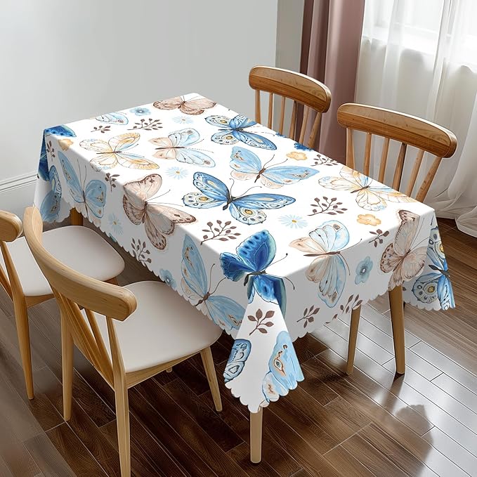 Blue Beige Butterfly Rectangle Tablecloth Flower Leaves Vividly Watercolor Table Cloth Dining Table Cover for Home Kitchen Restaurant Party Buffet Picnic 54 x 72 Inch