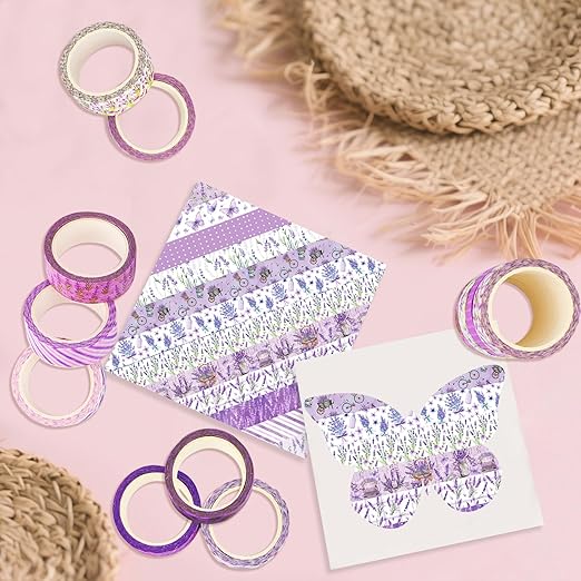 12 Rolls Lavender Washi Tape, Purple Floral Masking Tapes, Flower Butterfly Decorative Tape for Journals, Planners, Scrapbooking, Packaging, DIY Arts Crafts, Wrapping 16.4FT