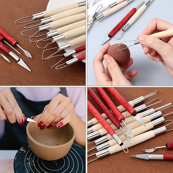 12Pcs Double-Ended Clay Sculpting Tools Stainless Steel Polymer Clay Tool Ceramic Pottery Ribbon Sculpting Tools Wooden Handle Pottery Tool for Embossing