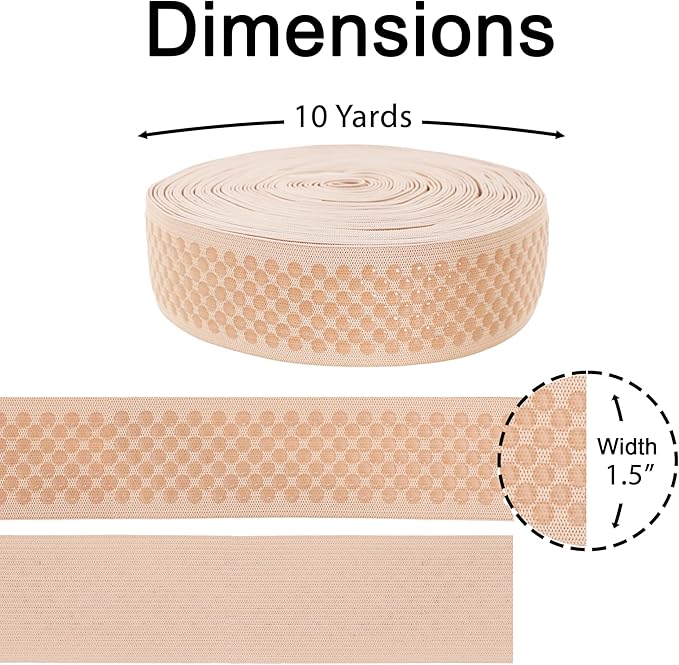 Mandala Crafts 1.5 Inch Elastic Silicone Gripper Tape for Clothing - 10 Yds Dotted Non Slip Elastic Band for Sewing - Nude Silicone Flat Fabric Stretchy Ribbon Straps