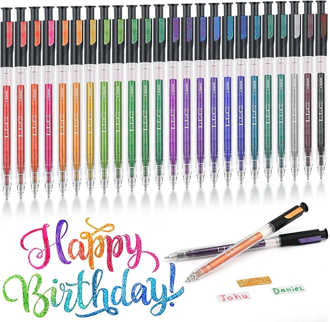 24 Colors Retractable Glitter Gel Pens, Large Capacity Metallic Sparkle Gel Ink Pens &1.0 mm Fine Tip, Colored Glitter Pens for Adult Coloring Book Drawing Note Taking Writing Doodling