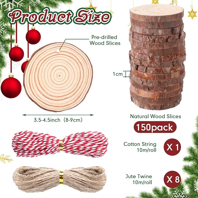 Tioncy 150 Pcs Wood Slices 3"-3.5" Unfinished Wood Rounds with Pre-drilled Hole and 9 Roll Twine String Natural Wooden Circles Hanging Ornaments Craft for Home Decor Painting DIY Party