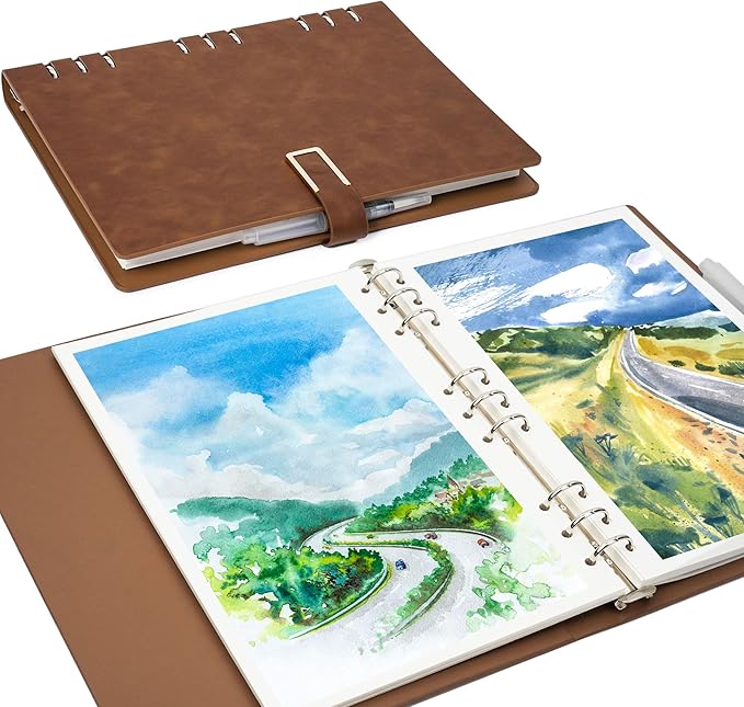 Vienrose 11" x 9" 3 Ring Watercolor Sketchbook, Faux Leather Cover Professional Art Journal with Detachable 24 Sheets 48 Pages, Ideal for Water Coloring, Sketching, Painting, Darkbrown