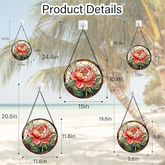 Stained Glass Window Hanging - Pink Peony Floral Suncatcher for Door Garden Yard Birth Flower Sun Catchers Decor Christmas Mother's Day Birthday Gifts for Women Mom Nana Wife Teacher 9.8 in