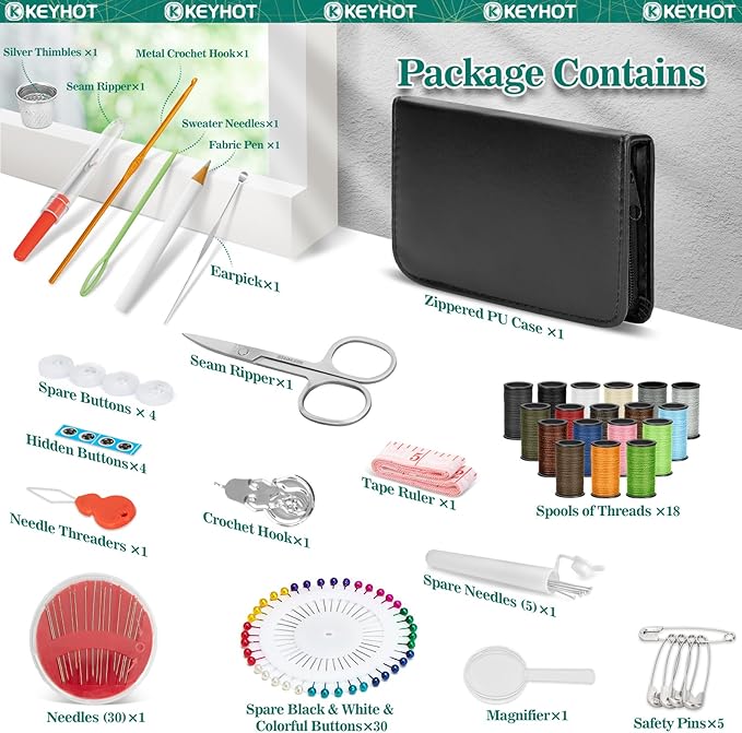 KEYHOT Sewing kit Basic,Needle and Thread Kit,Travel Small Sewing Machine Supplies for Adults Beginners Men, Home Travel Emergency Including Scissors Measure Tape Needle Threader (58pcs)